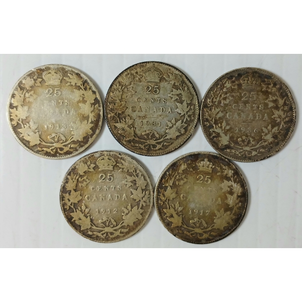 LOT OF 5 - 1912-1936 CDN 25 CENT COINS 