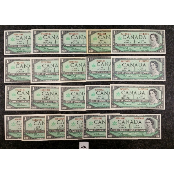LOT OF 21 - 1967 CDN $1 BANKNOTES