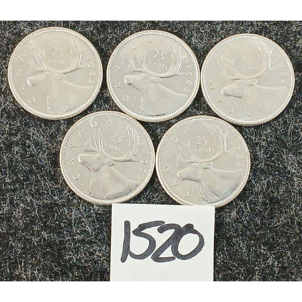 LOT OF 5 - 1962 CDN 25 CENT SILVER COINS