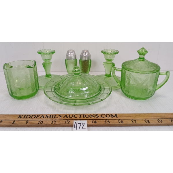 LOT OF 7 - JEANNETTE POINSETTIA URANIUM DEPRESSION GLASSWARE - BUTTER DISH, SALT & PEPPER, ETC