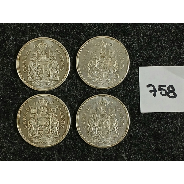 LOT OF 4 - 1962 CDN 50 CENT SILVER COINS