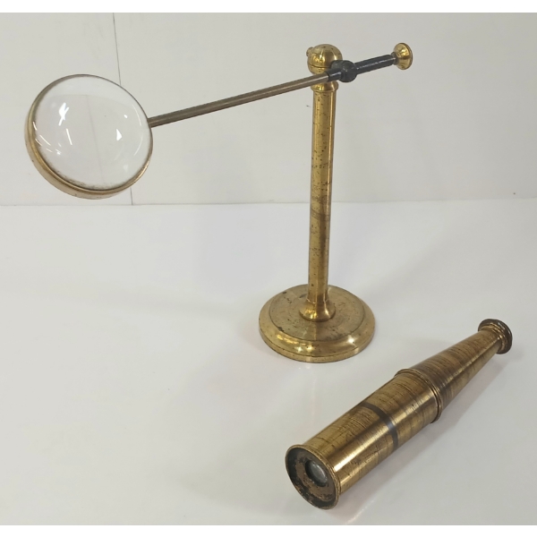 LOT OF 2 - TRAVEL MICROSCOPE & ADJ DESK MAGNIFIER - BRASS - C. VICTORIAN ERA