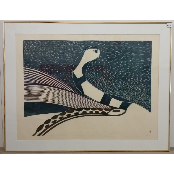 "SNOW SWAN OF PARKETUK" BY PUDLO PUDLAT(1916 - 1992) - FRAMED STONECUT