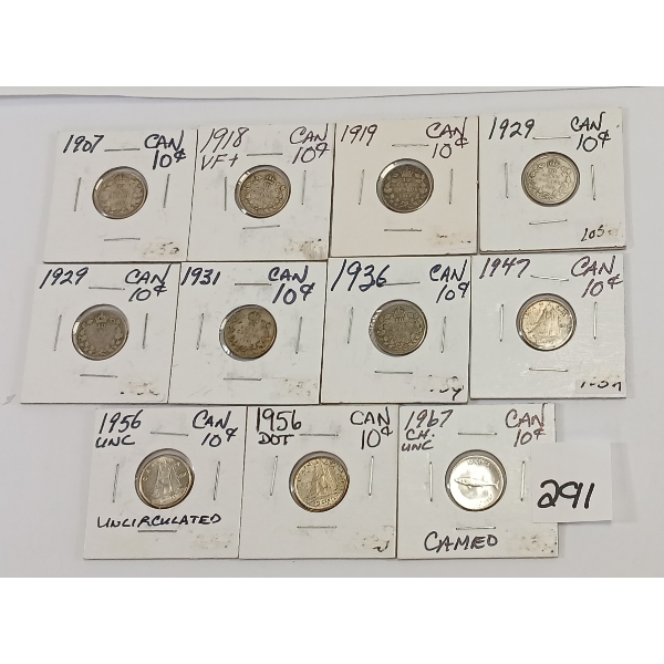 LOT OF 11 - CDN 10 CENT SILVER PCS - INCL 1907, 1918, 1919 & 1929 ETC