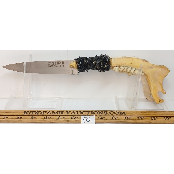 CUSTOM OLYMPIA KNIFE W/ DEER(?) JAWBONE HANDLE