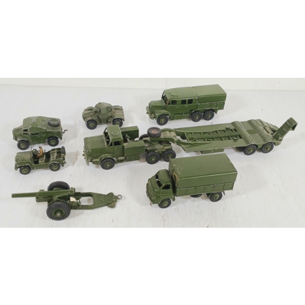 LOT OF 7 - DINKY TOYS DIECAST & TIN ARMY VEHICLES - INCL TANK TRANSPORTER, ARTILLERY TRACTOR, ETC 