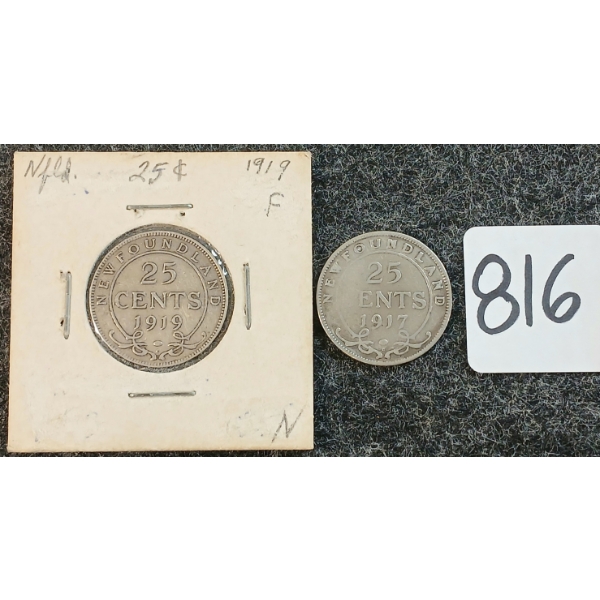 LOT OF 2 - 1917 & 1919 NEWFOUNDLAND 25 CENT COINS