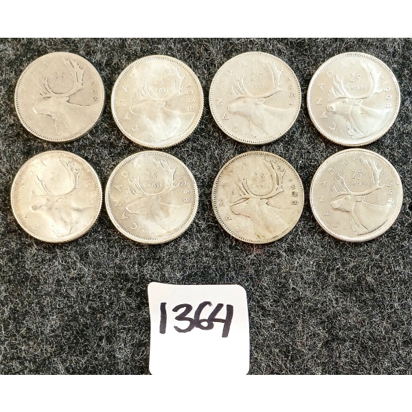 LOT OF 8 - 1953-1968 CDN 25 CENT COINS