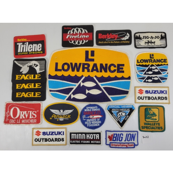 QTY OF MISC IRON-ON FISHING PATCHES - INCL SUZUKI OUTBOARDS, L' LOWRANCE, ETC