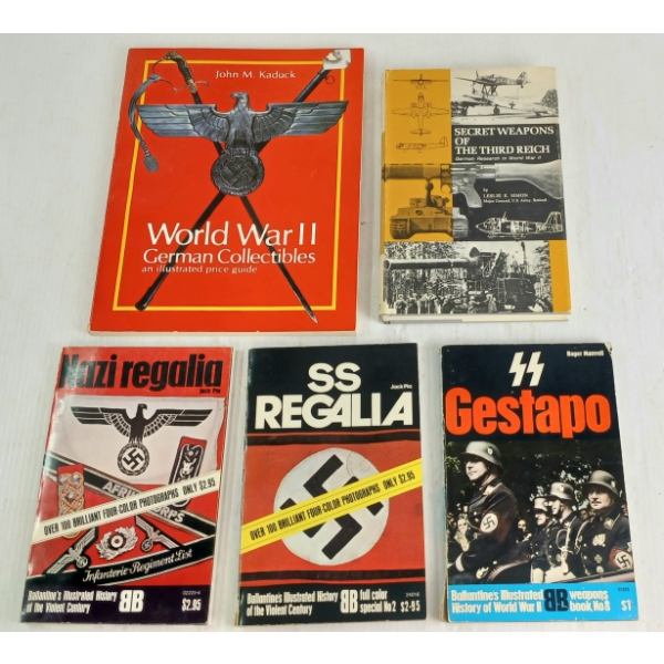 LOT OF 5 - WWII GERMAN PUBLICATIONS "GESTAPO", "SS REGALIA", "SECRET WEAPONS OF THIRD REICH", ETC