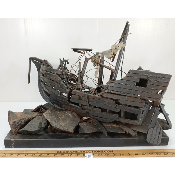 BRONZE SHIP SCULPTURE W/ STONE & STEEL BASE
