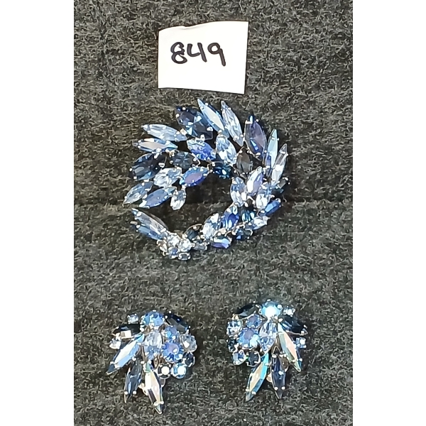 LOT OF 2 - SHERMAN BLUE TONE CLIP-ON EARRINGS & BROOCH