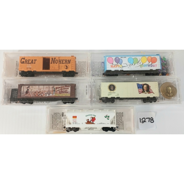 LOT OF 5 - MICRO TRAINS - BIRTHDAY, CHRISTMAS, CIRCUS, BILLBOARD & CIVIL WAR CAR SERIES