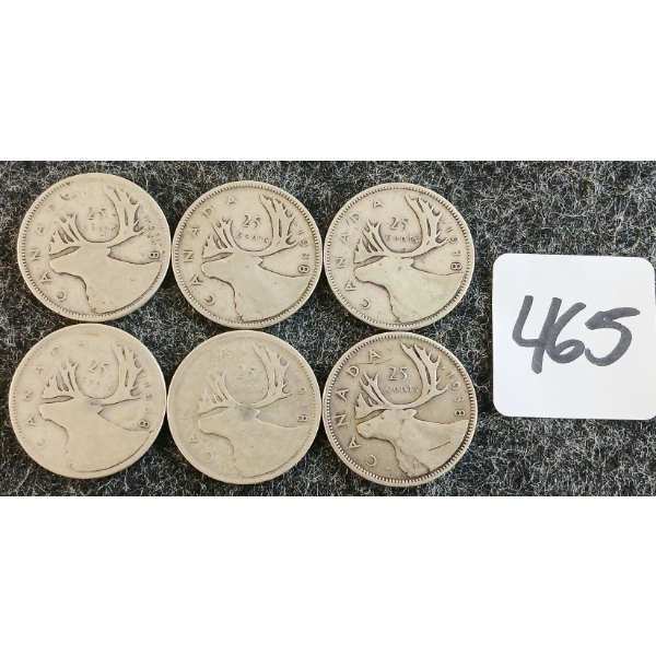 LOT OF 6 - 1938 CDN 25 CENT COINS