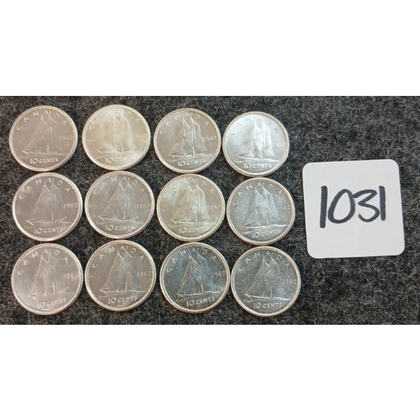 LOT OF 12 - 1962 CDN 10 CENT COINS