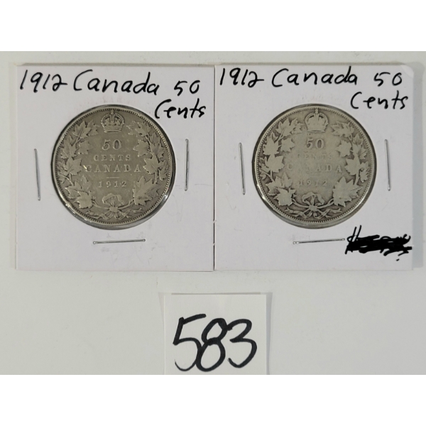 LOT OF 2 - 1912 CDN 50 CENT SILVER COINS