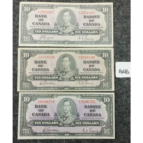 LOT OF 3 - 1937 CDN $10 BANKNOTES 