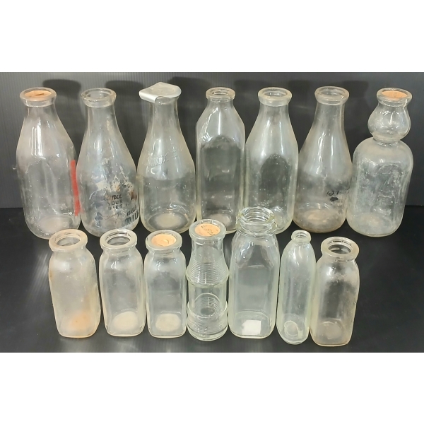 LOT OF 14 - ASSORTED MILK BOTTLES - FISHER'S DAIRY, BRIANS DAIRY, ETC