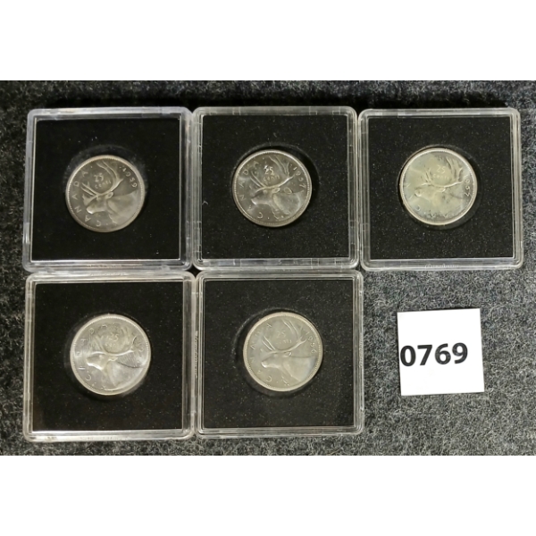 LOT OF 5 - 1956-1959 CDN SILVER 25 CENT COINS 