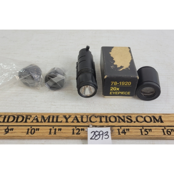 LOT OF 4 - FLASH LIGHT RIFLE ATTACHMENT, SCOPE END PIECES & 78-1920 20X EYE PIECE