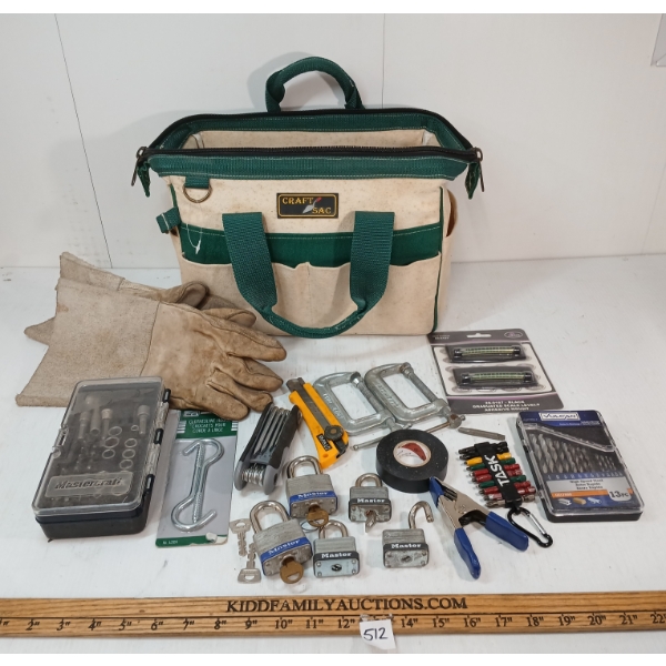 JOB LOT - TOOL BAG W/ CONTENTS - INCL GLOVES, MASTERCRAFT LOCKS, DRILL BIT SETS, ETC
