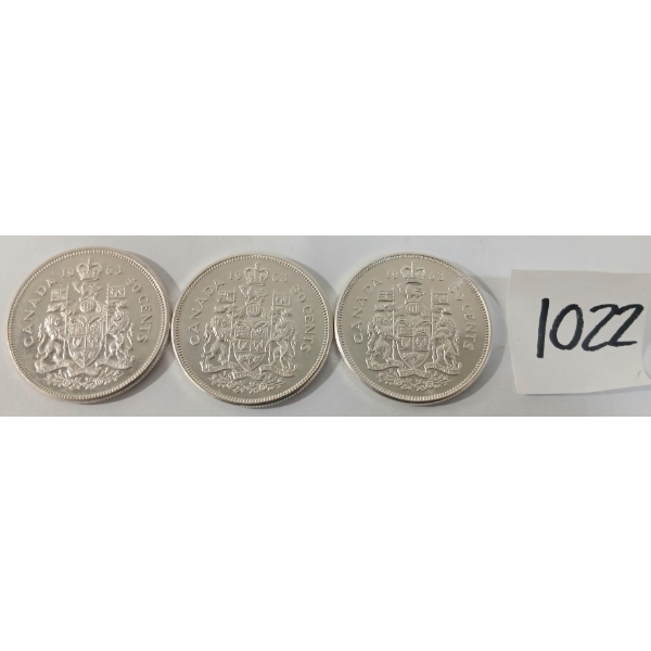 LOT OF 3 - 1963 CDN 50 CENT SILVER COINS