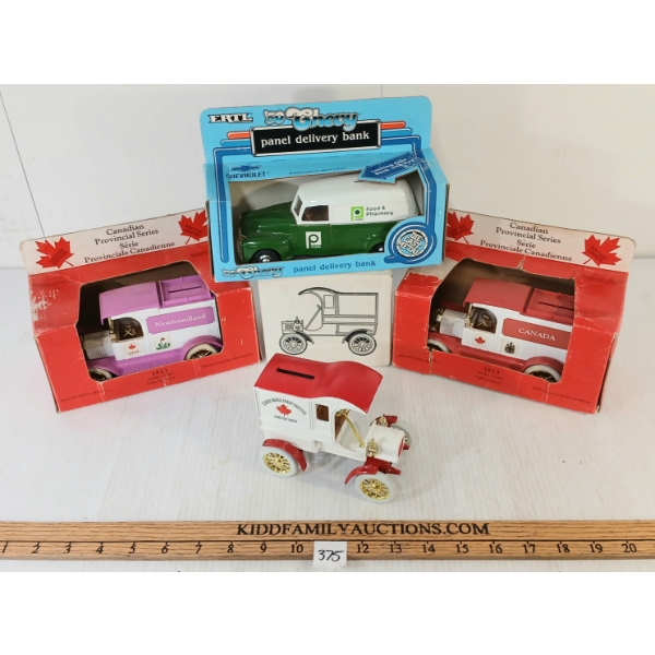 LOT OF 4 - ERTL DIECAST MODEL COIN BANKS - 1905 DELIVERY VAN, PUBLIX VAN, CANADA & NEWFOUNDLAND