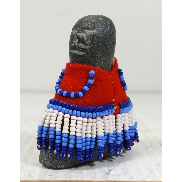  DOLL IN RED DRESS  BY MARY MIKI(1920 - 1993) - STONE, WOOL & BEADS
