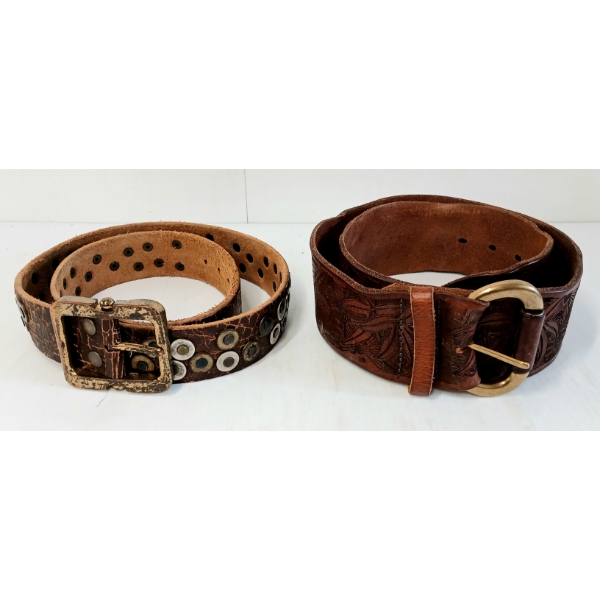 LOT OF 2 - BRAVE LEATHER BELTS W/ BRASS BUCKLES - INCL AMMO STUDDED BELT