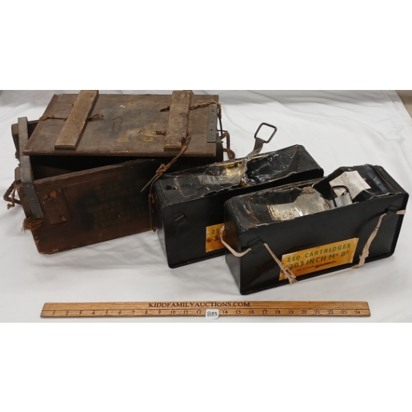 LOT OF 3 - MACHINE GUN .303 BRIT AMMO CRATE W/ AMMO CANS