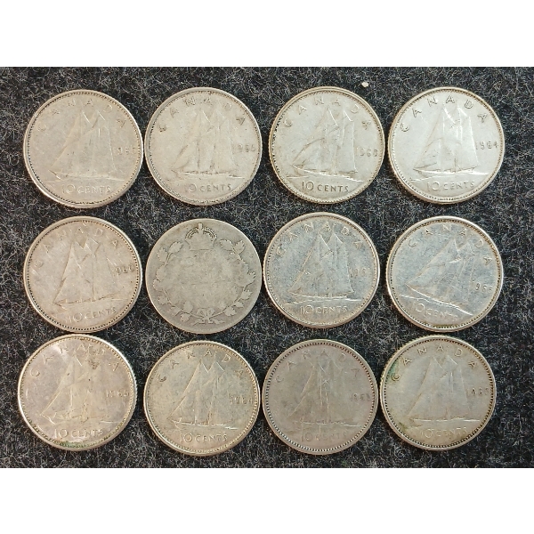 LOT OF 12 - 1953-1965 CDN 10 CENT COINS