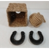 Image 6 : LOT OF 6 - TIN DRAWER, CAST HORSESHOE DECOR, TISSUE BOX COVER, ROPE KNOT & BASKET