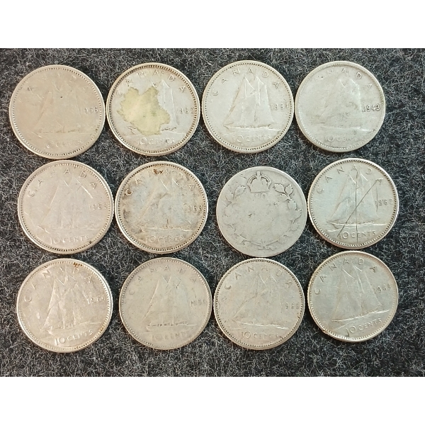 LOT OF 12 - 1943-1968 CDN 10 CENT COINS