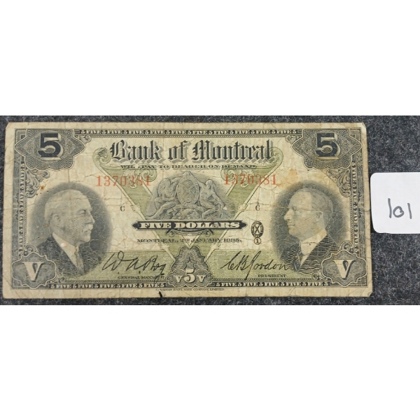 1935 BANK OF MONTREAL $5 BANKNOTE