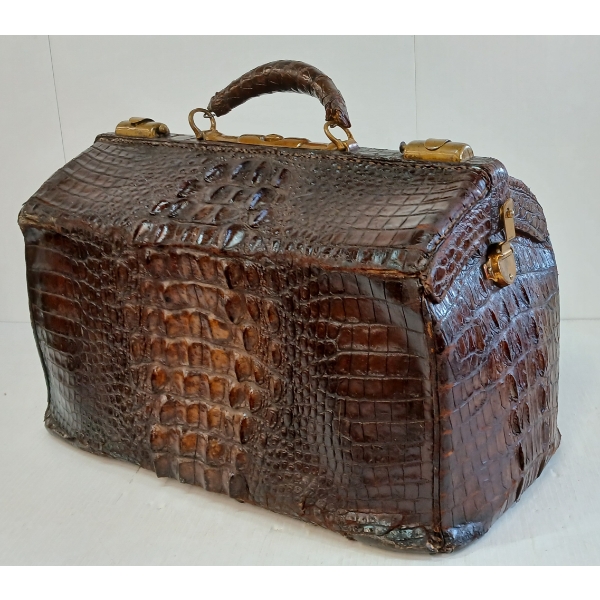 ALLIGATOR LEATHER GLADSTONE BAG W/ BRASS HARDWARE