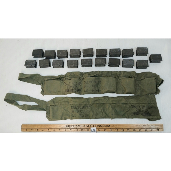 LOT OF 21 - M1 GARAND EN BLOC CLIPS & 30BALL M2 AMMO BELTS