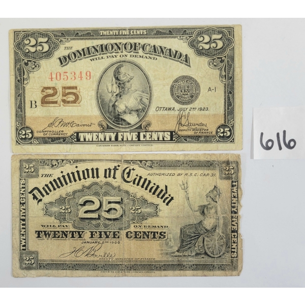 LOT OF 2 - 1900 & 1923 DOMINION OF CANADA 25 CENT SHINPLASTERS