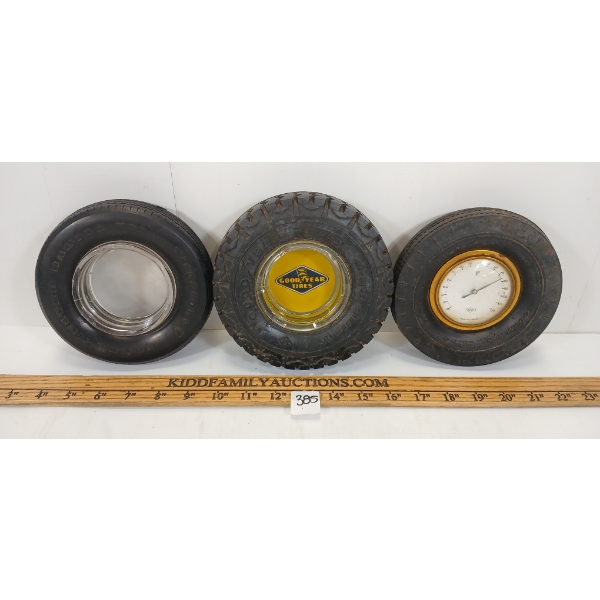 LOT OF 3 - TIRE ASHTRAYS & SUNDO CLOCK