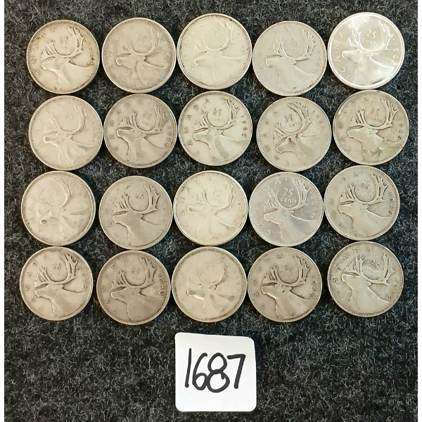 LOT OF 20 - 1941-1961 CDN 25 CENT COINS