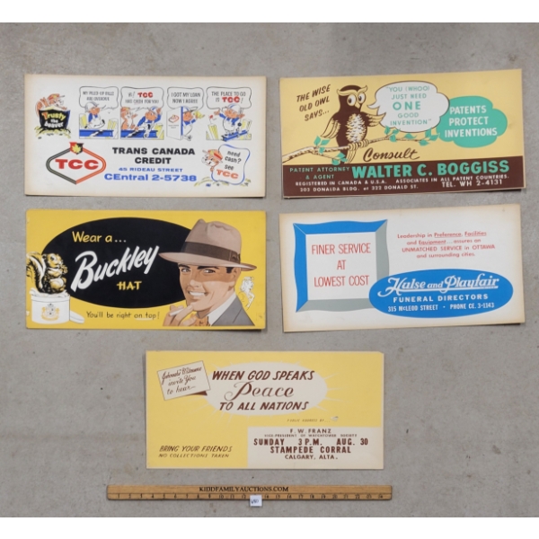 LOT OF 5 - CARDBOARD ADVERTISEMENTS - INCL BUCKLEY HAT & TRANS CANADA CREDIT, ETC