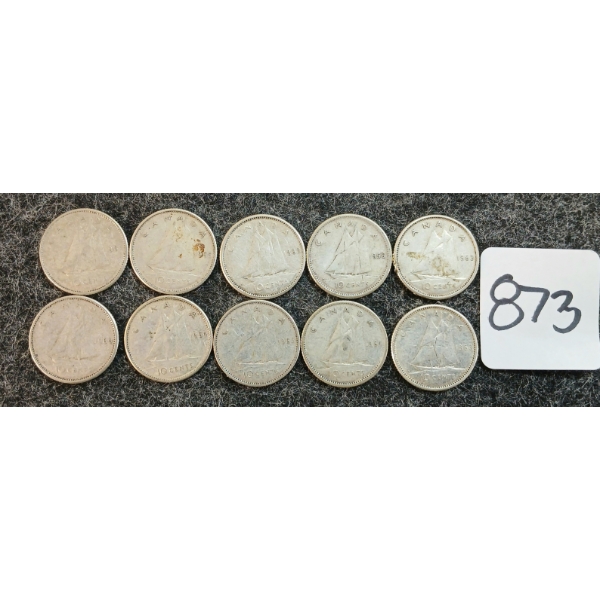 LOT OF 10 - 1956-1965 CDN 10 CENT COINS