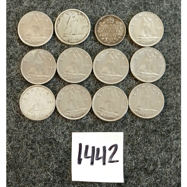 LOT OF 12 - 1957-1968 CDN 10 CENT COINS & 1910 5 CENT COIN