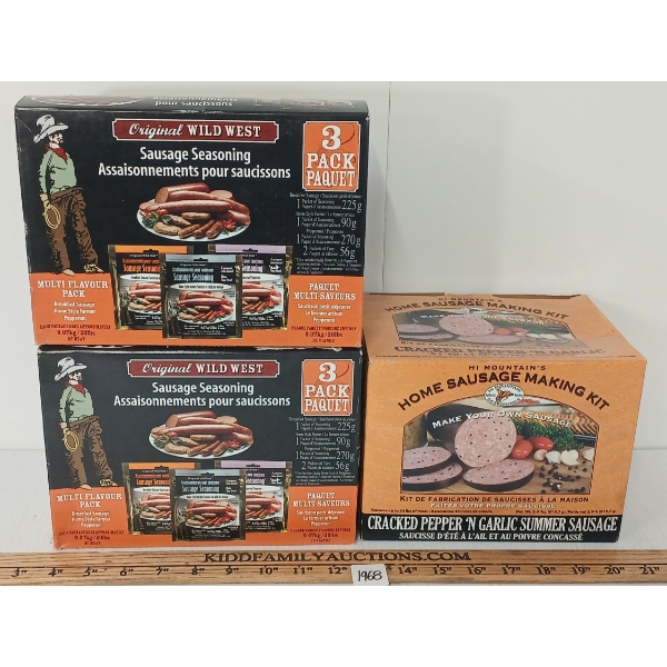 LOT OF 3 - ORIGINAL WILD WEST SAUSAGE SEASONING & HI MOUNTAIN'S SAUSAGE MAKING KIT