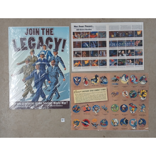 LOT OF 3 - "DISNEY COMBAT FLYERS", "DISNEY 100-OCTANE GAS" & "JOIN THE LEGACY WWII VETERANS" ADS