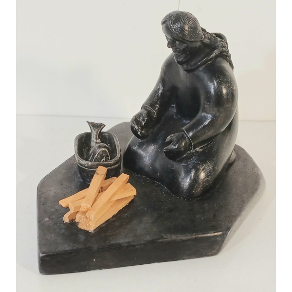 "WOMAN W/ FISHPOT" BY UNKNOWN ARTIST - STONE & WOOD