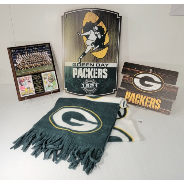 LOT OF 4 - GREEN BAY PACKERS FOOTBALL SIGNS, SUPER BOWL XLV PLAQUE & SCARF
