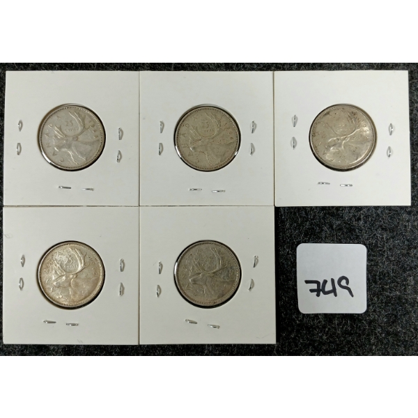 LOT OF 5 - 1965 & 1966 CDN SILVER 25 CENT COINS 