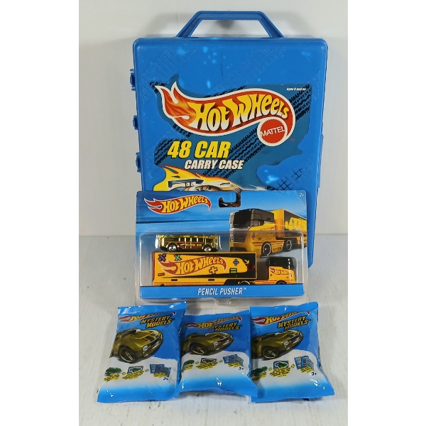 LOT OF 5 - HOTWHEELS CARRY CASE, PENCIL PUSHER & MYSTERY MODELS