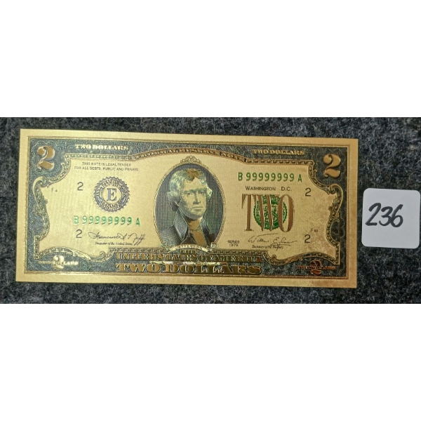 1976 U.S. $2 BANKNOTE - 24K GOLD LEAF