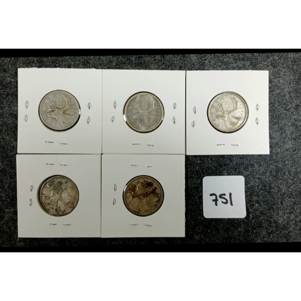 LOT OF 5 - 1953 & 1955 CDN SILVER 25 CENT COINS 